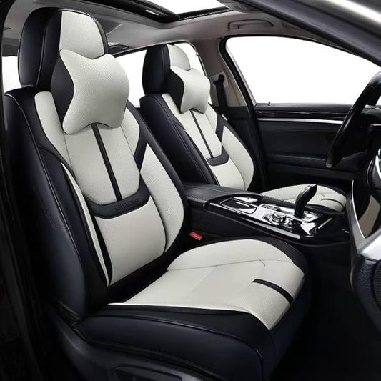 Auto Car Seat Covers Accessories Front Seat Leather Cushion Protector Breathable Waterproof Seat Cover for Cars Universal Fit (Black&White, Front Pair)