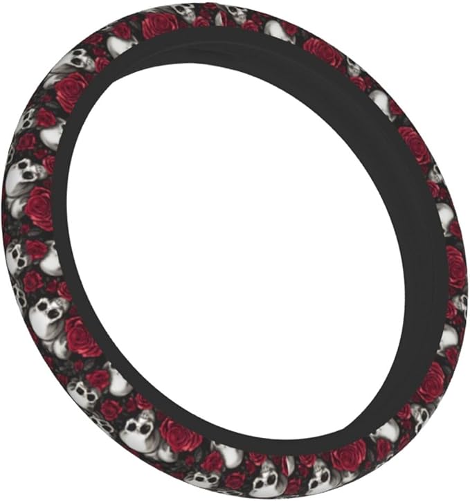 Skull Rose Steering Wheel Cover with 2 Car Coasters Non Slip Neoprene for Women Men Universal 15 Inch