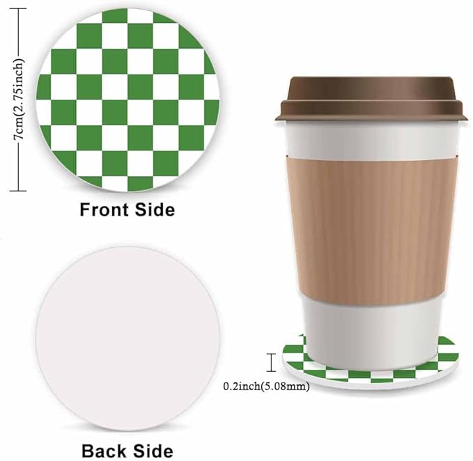 Green and White Checkered Steering Wheel Cover for Women, Universal Auto Steering Wheel 14-15 Inch Car Interior Accessories with 2PCS Car Coasters, Suitable for Men and Women