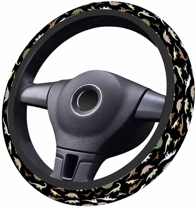 Dinosaur Car Steering Wheel Cover Cute Cartoon Hand Drawn Dinosaur Steering Wheel Cover Car Decor Suitable for Most Vehicles Including Trucks and SUV