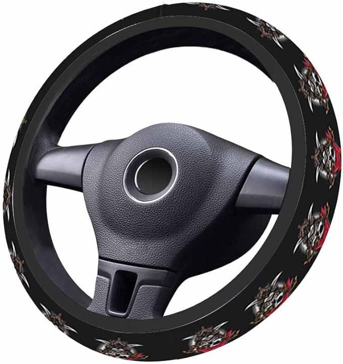 Skeleton Pirate Crew Steering Wheel Cover Wearing Red Hat and Holding Sword Steering Wheel Cover Women Men Anti-Slip Breathable Steering Wheel Protector Car Accessories