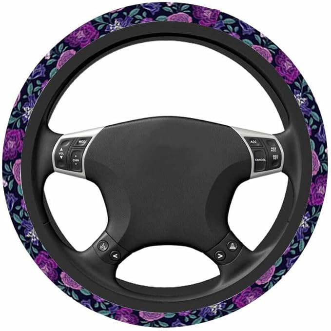 Peony Car Steering Wheel Cover Purple Flowers and Green Leaves Steering Wheel Cover Car Decor Suitable for Most Vehicles Including Trucks and SUV