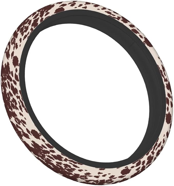 Swono Cow Skin Steering Wheel Cover for Men Women Animal Fur Horse Or Cattle Brown Spots Universal 15 Inch Auto Neoprene Case Anti-Slip Car Wheel Protector