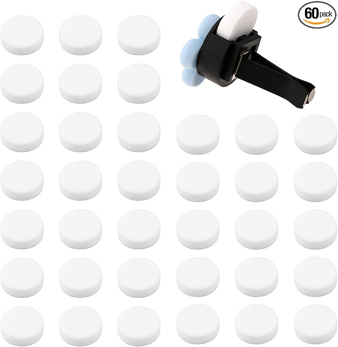 60PCS Car Air Freshener Refill Felt Pads Unscented Essential Oil Perfumes Refill Freshener Clips Diffuser 17mm Universal Essential Oil Perfumes Tablets for Car Air Vent Clips Diffusers