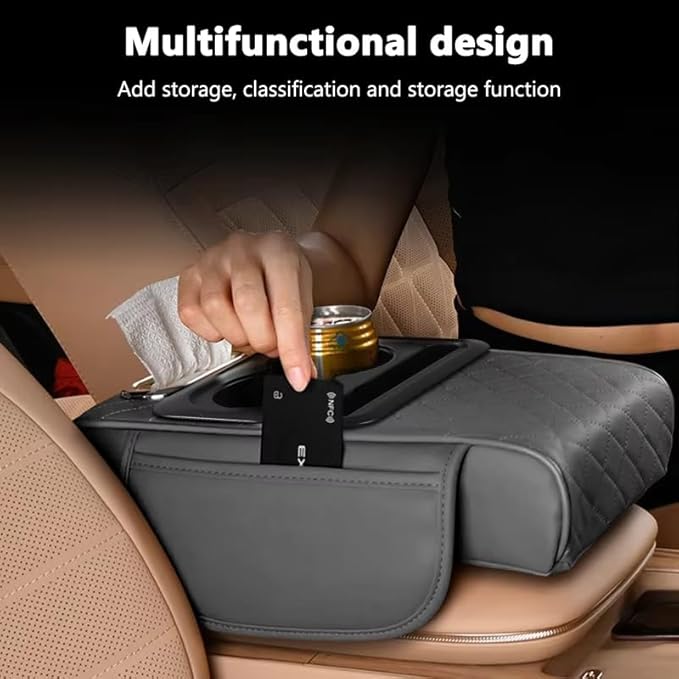 Multifunctional PU Leather Car Armrest Box Mat with Central Elbow, 2026 New Car Armrest Storage Box with Cup Holder, Tissue Box Slot, Phone Slot, Universal Fit (Black)