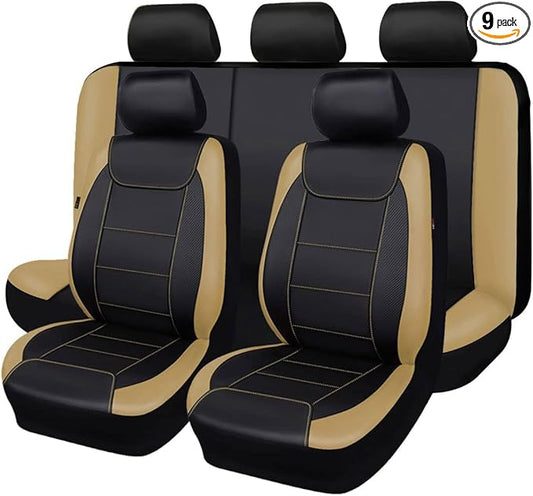 Flying Banner car seat Covers Protects Water Proof Faux Leather Carbon Fiber Front and Rear Bench (Black Beige, Full Set - 8PCS)