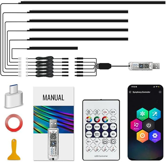 Acrylic Car Led Lights Interior with APP,Universal RGB Acrylic Ambient Lighting Car Kit,175 inch Neon Flexible Fiber Optic Led Strip Music Sync Lights for Car,6 in 1 USB Power Dashboard Decorations