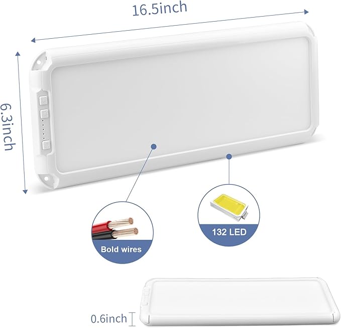 Miady RV LED Interior Light 1500 Lumen 16.5" x 6.3", Thin 12Volt Ceiling Lights with 5 Levels of Dimming and 3 Color Temperature 3500-6500K Switches, for Car/Trailer/Camper/Boat, Pack of 2 (White)