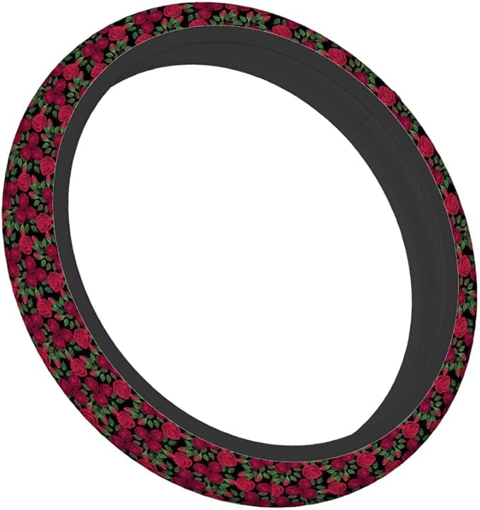 Swono Roses Red Car Steering Wheel Cover,Watercolor Red Roses with Green Leaves On The Black Safe Driving Anti-Slip Steering Wheel Covers Steering Wheel Protection Case No Smell Universal 15 Inch