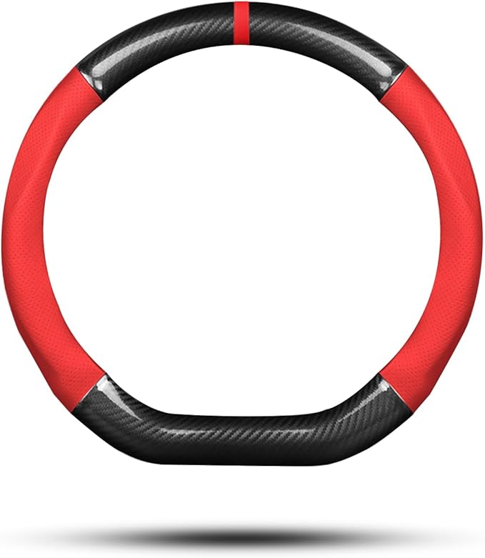 Ergocar Car Steering Wheel Cover Non-Slip Car Steering Wheel Protector Sport D-Shape Carbon Fiber & PU Leather Universal for Diameter 38cm(15") (Black-red-Stripe-U)