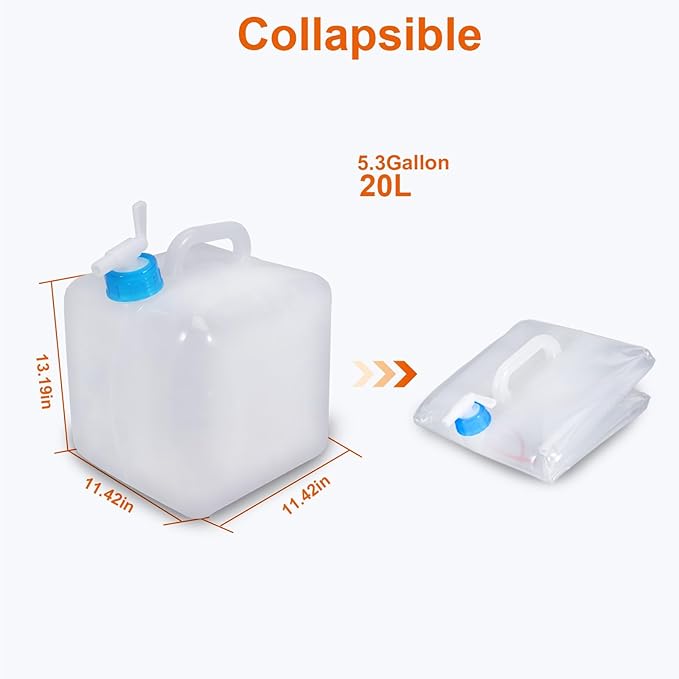 2 Pack 5.3 Gallon Collapsible Water Container with Spigot, Portable Foldable Water Container, Camping Water Storage Jug Tank for Outdoor Sports Camping Hiking Emergency