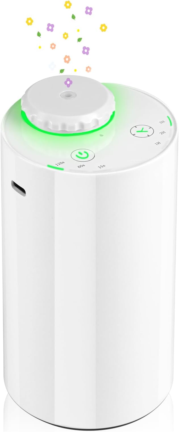 Waterless Diffuser for Essential Oil Nebulizer, 7 Colors LED Light, Battery Powered Mini Scent Air Machine, Aromatherapy Mist Diffuser for Home Room Car Office Black (White-2)