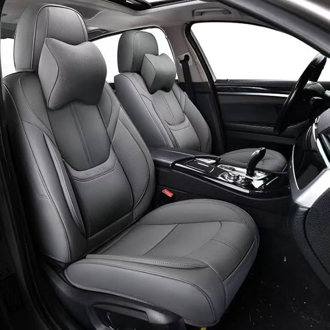 Auto Car Seat Covers Accessories Front Seat Leather Cushion Protector Breathable Waterproof Seat Cover for Cars Universal Fit (Grey, Front Pair)