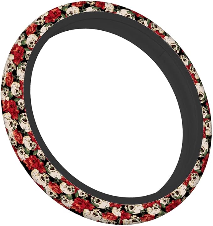 Swono Red Flower and Skull Steering Wheel Covers 15" Inch Skull and Flowers Day of The Dead Universal Fit Most Car Sedans SUVs Comfort Grip Comfortable Neoprene Breathable Steering Wheel Protector