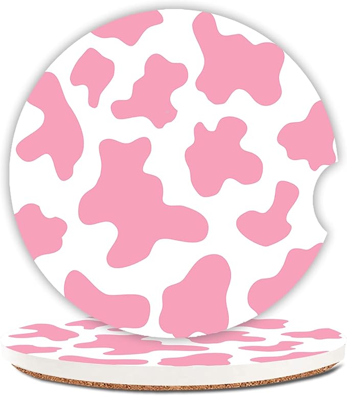 Pink Cow Print Absorbent Cup Holders Car Coasters,Ceramic Stone Drinks Coaster Set for Women Man 2.56"(2 Pack)