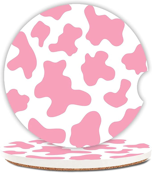 Pink Cow Print Absorbent Cup Holders Car Coasters,Ceramic Stone Drinks Coaster Set for Women Man 2.56"(2 Pack)
