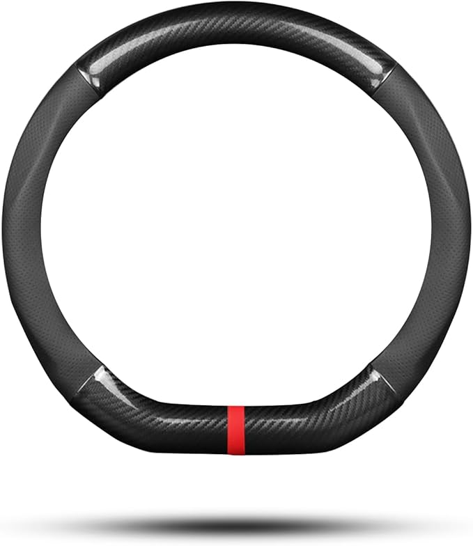 Ergocar Car Steering Wheel Cover Non-Slip Car Steering Wheel Protector Sport D-Shape Carbon Fiber & PU Leather Universal for Diameter 38cm(15") (Black-Stripe-B)