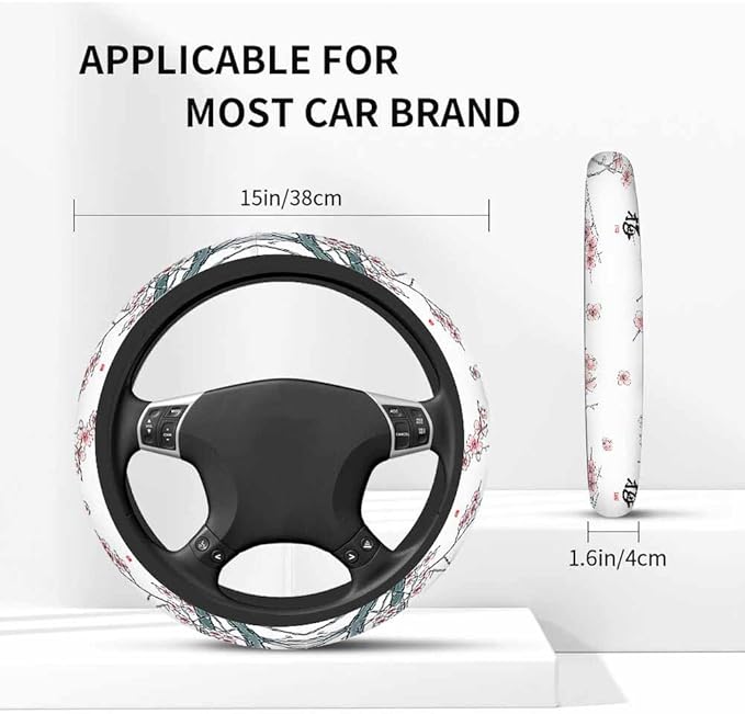 Plum Blossoms Steering Wheel Cover Branches and Pink Flowers Steering Wheel Cover for Women Men Anti-Slip Breathable Steering Wheel Protector Car Accessories
