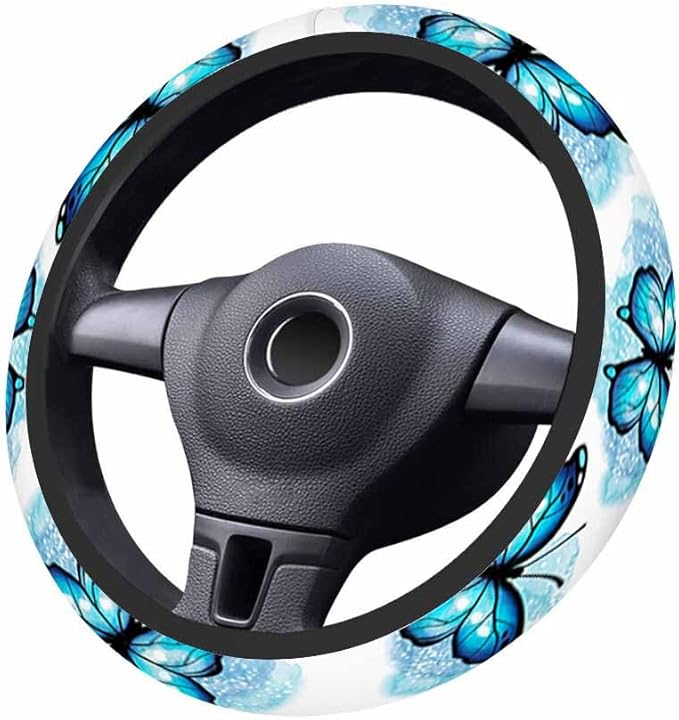 Watercolor Butterfly Steering Wheel Cover Butterfly with Black Edge Steering Wheel Cover for Women Men Anti-Slip Breathable Steering Wheel Protector Car Accessories