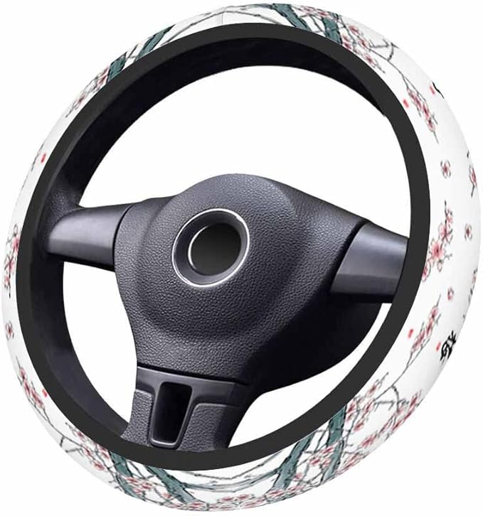 Plum Blossoms Steering Wheel Cover Branches and Pink Flowers Steering Wheel Cover for Women Men Anti-Slip Breathable Steering Wheel Protector Car Accessories