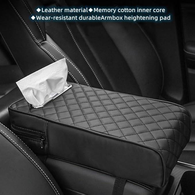 Upgrade Car Console Armrest Pad with Tissue Box,Comfortable Memory Foam Car Armrest Cushion,Premium PU Leather Car Armrest Cover,Universal Car Center Console Pillow,Car Accessories(Black)