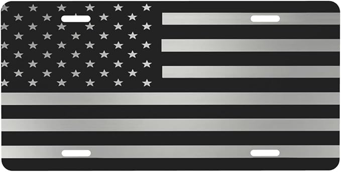 Black and Silver American Flag Front License Plate Aluminum Decorative License Plates Funny Metal Car Plate 6"X12" Novelty Vanity Tag Cover with 4 Holes Car Decor Accessory