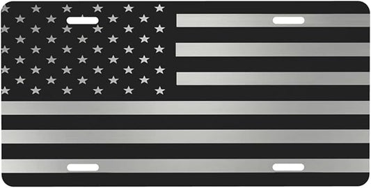 Black and Silver American Flag Front License Plate Aluminum Decorative License Plates Funny Metal Car Plate 6"X12" Novelty Vanity Tag Cover with 4 Holes Car Decor Accessory