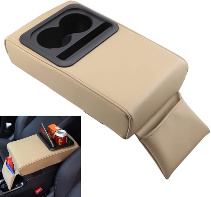soputry Leather Car Armrest Box Pad, 2023 New Car Center Console Cover Pad Leather Auto Armrest Cover, Universal Arm Rest Cushion Pads for SUV/Truck/Vehicle (Beige2.0, with Cup Holder)