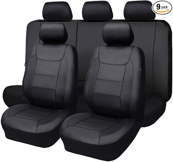 Flying Banner car seat Covers Protects Water Proof Faux Leather Carbon Fiber Front and Rear Bench (Black, Full Set - 8PCS)
