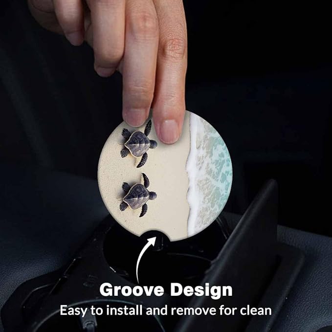 Sea Turtles 2 Pack Car Cup Holder Coaster on The Beach Anti Slip Insert Absorbent Ceramic Car Coaster with Cork Base and Finger Notch Cute Car Accessories Interior for Women Men