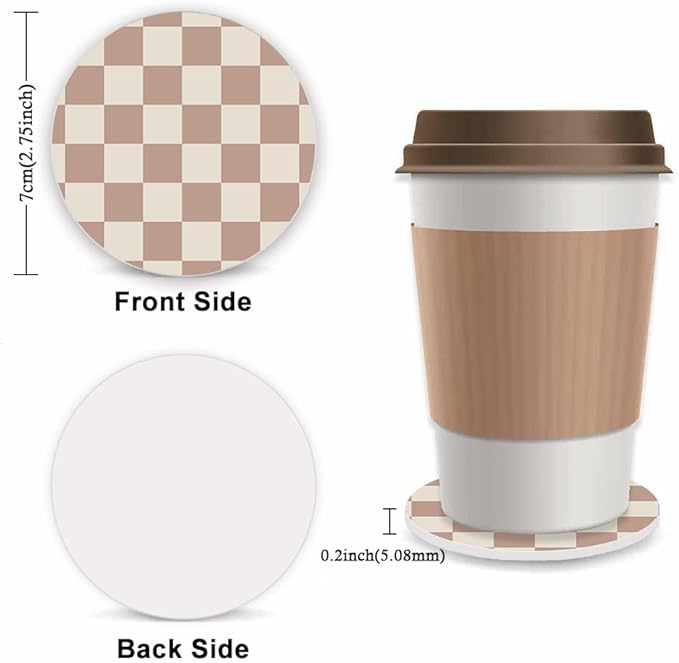 Khaki Checkered Steering Wheel Cover for Women,Universal Auto Steering Wheel 14-15 Inch Car Interior Accessories with 2PCS Car Coasters,Suitable for Men and Women