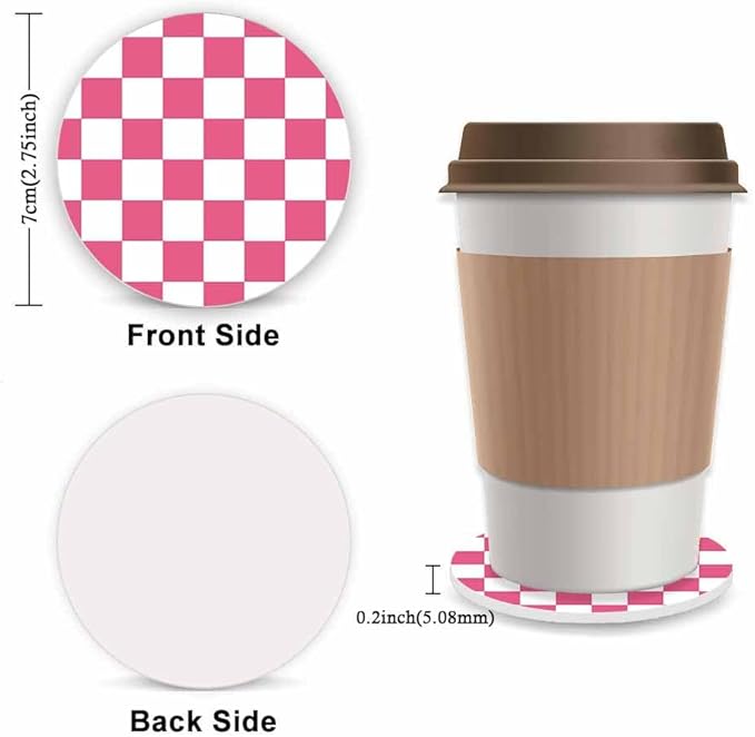 Pink Checkered Steering Wheel Cover for Women,Universal Auto Steering Wheel 14-15 Inch Car Interior Accessories with 2PCS Car Coasters,Suitable for Men and Women