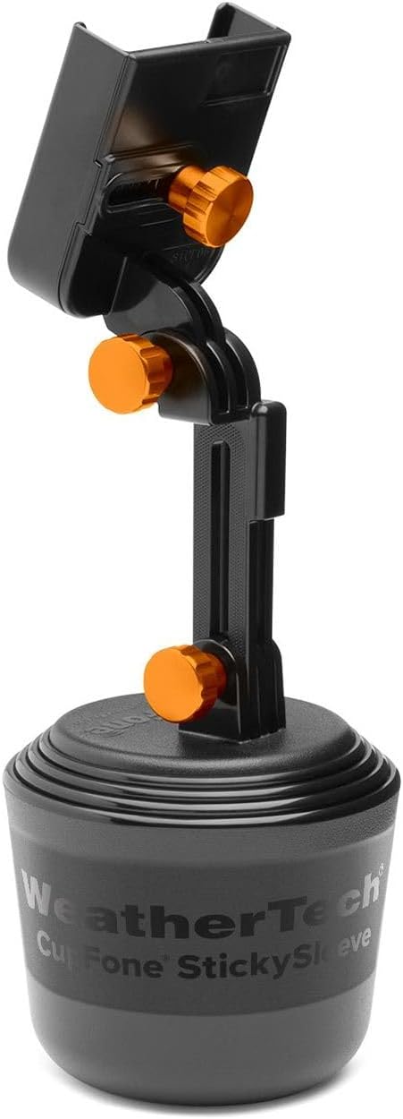 WeatherTech CupFone with Extension – Adjustable, Universal Cup Holder Cell Phone Mount Car & Truck Accessory – Best Design for iPhone & Smartphone Charging – Orange Metal Knobs