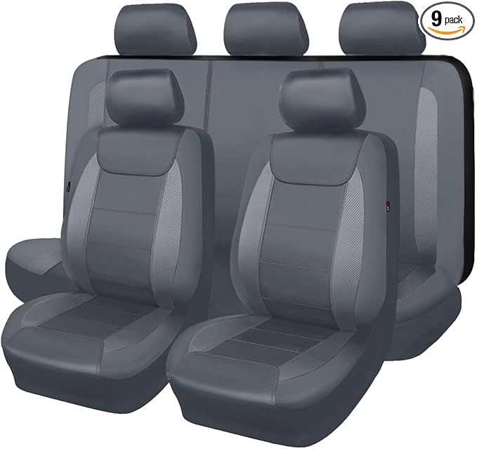 Flying Banner car seat Covers Protects Water Proof Faux Leather Carbon Fiber Front and Rear Bench Split 40/60 50/50 60/40(Gray Gray, Full Set - 8PCS)