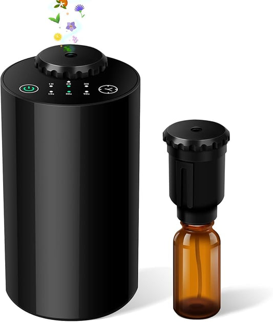 Waterless Essential Oil Diffuser Aromatherapy Scent Diffuser for Home Large Room, Bedroom, Car, Office, Desk, Battery Operated Mini Portable Air Freshener,4 Timers & 3 Mist Levels (Black)