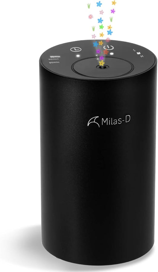 Waterless Essential Oil Diffuser, Battery Operated Nebulizer with 3-Timers & 3 Mist Levels, 0.7 fl.oz./20ml, Mini Scent Air Machine, Home Car Office Studio, Portable & Rechargeable, Milas-D, Black