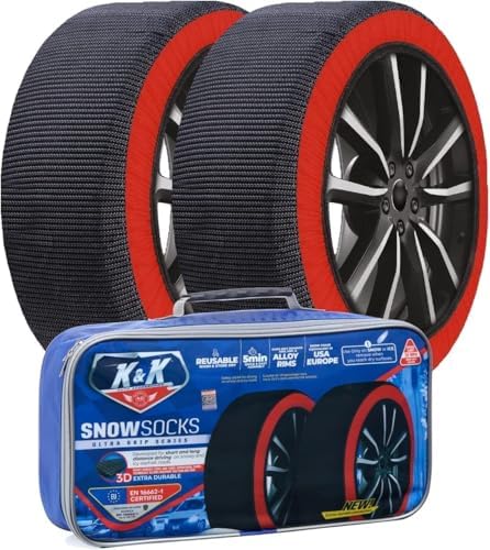 K&K Auto Snow Socks for Tires – Pro Series for Ultimate Grip Approved Snow Chain Alternative Traction Device – Tire Sock for Car SUV Sedan Coupe – Winter Travel Accessory Emergency Kit – Large (2pcs)