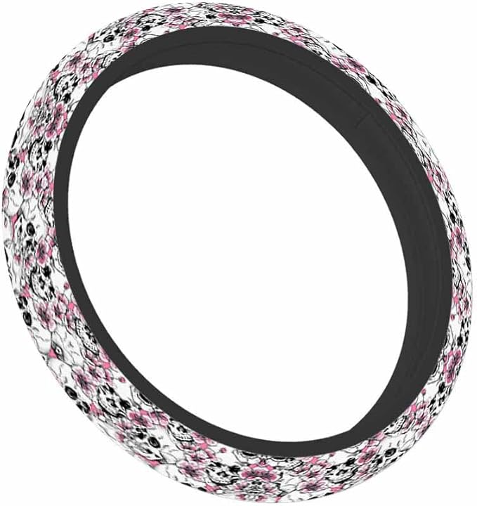 Skull and Flowers Car Steering Wheel Cover Pink Cherry Blossom Steering Wheel Cover Car Decor Suitable for Most Vehicles Including Trucks and SUV