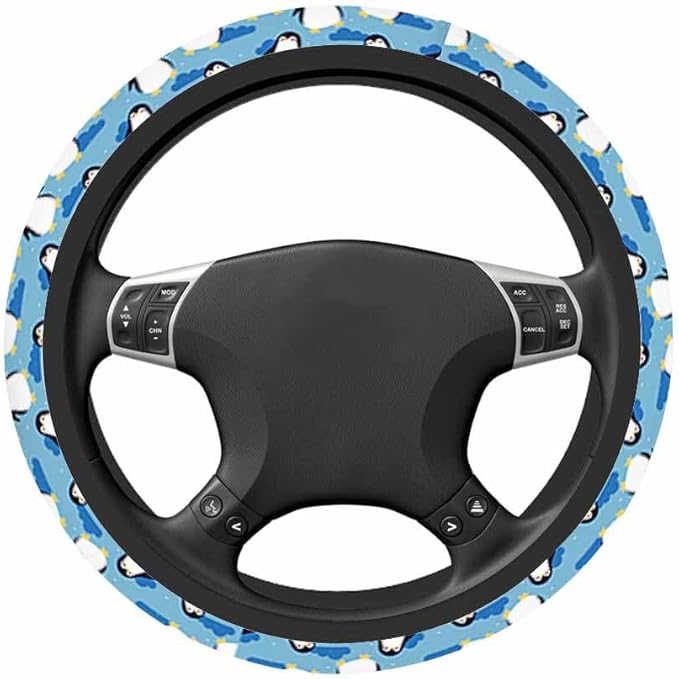 Penguin Elastic Steering Wheel Cover Cute Penguin Blue Sky and White Clouds Steering Wheel Cover Anti Slip Protective Case Universal Stretch Steering Protector