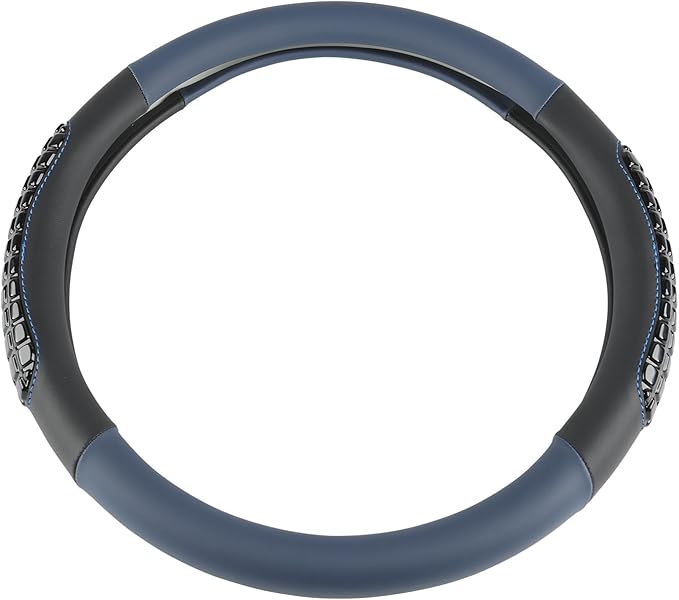 West Llama Nappa Leather Car Steering Wheel Cover Gel Massage,Cool in Summer,Universal 15 inch(Blue+Black-Standard Size)
