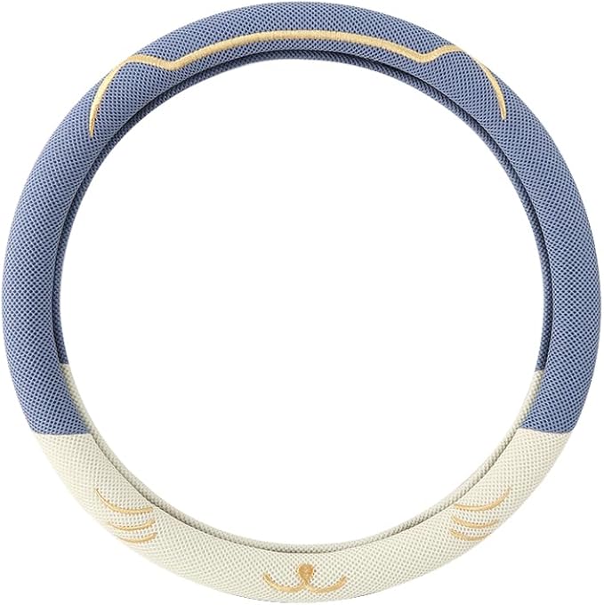 38cm Car Steering Wheel Cover, Universal 15 inch, Microfiber Breathable Ice Silk, Anti-Slip, Odorless, Easy Carry, Blue and White Contrast Design, Cute Cat for Girls, Ladies, Women