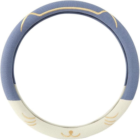 38cm Car Steering Wheel Cover, Universal 15 inch, Microfiber Breathable Ice Silk, Anti-Slip, Odorless, Easy Carry, Blue and White Contrast Design, Cute Cat for Girls, Ladies, Women