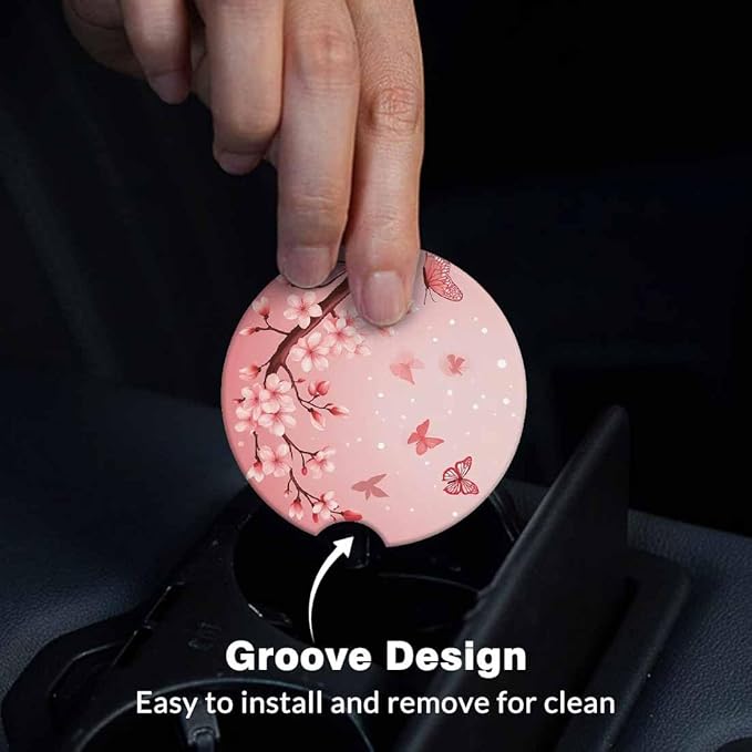 Pink Cherry Blossom Car Coasters for Cup Holders Car Cup Holder Coasters 2 Pack for Car, Anti Slip Ceramic Car Cup Mat with Finger Notch Cute Car Interior Accessories for Women Men