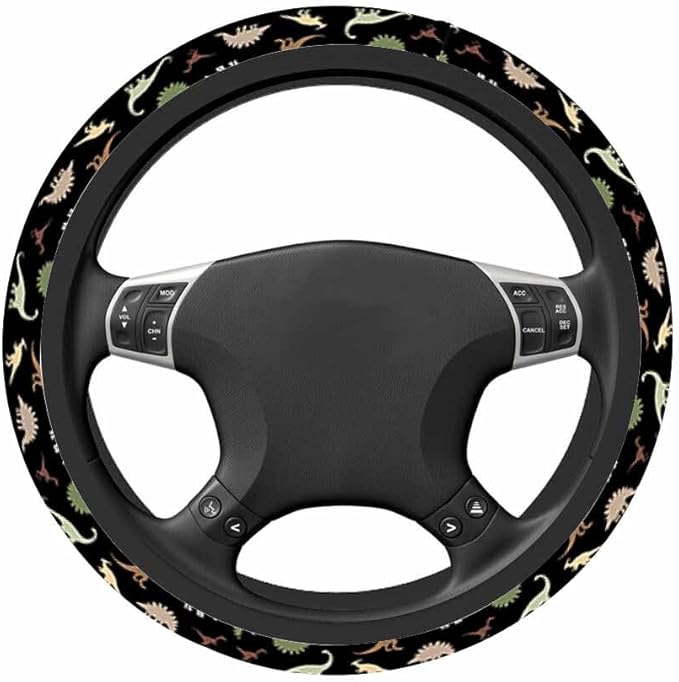 Dinosaur Car Steering Wheel Cover Cute Cartoon Hand Drawn Dinosaur Steering Wheel Cover Car Decor Suitable for Most Vehicles Including Trucks and SUV