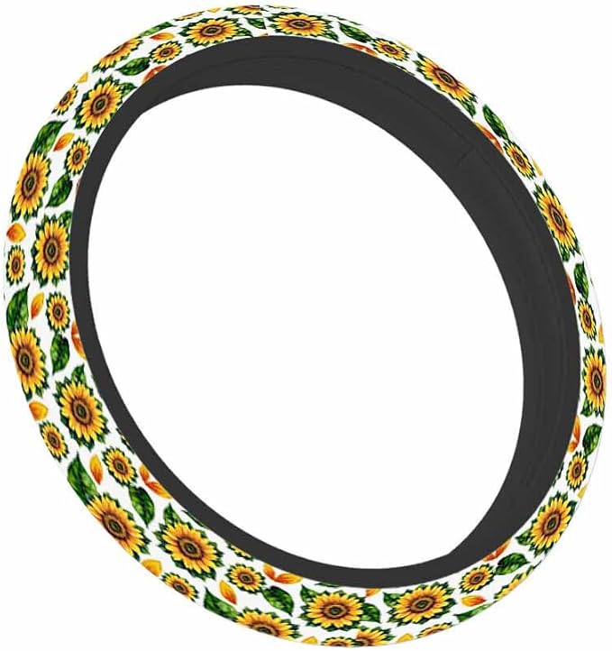 Watercolor Sunflower with Yellow Petals and Green Leaves Steering Wheel Cover Steering Wheel Cover Women Men Anti-Slip Breathable Steering Wheel Protector Car Accessories