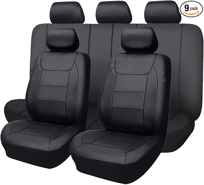 Flying Banner car seat Covers Protects Water Proof Faux Leather Carbon Fiber Front and Rear Bench (Black Black, Full Set - 9PCS)