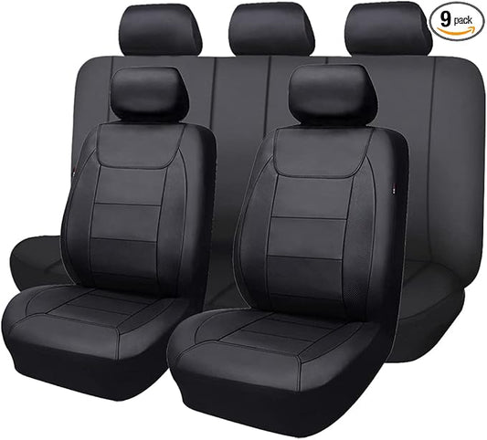 Flying Banner car seat Covers Protects Water Proof Faux Leather Carbon Fiber Front and Rear Bench (Black Black, Full Set - 9PCS)