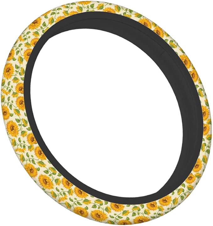 Swono Steering Wheel Cover for Men Women Sunflower Vintage Sunflower and Green Leaves Yellow Universal 15 Inch Anti-Slip Odorless Breathable Car Wheel Protector