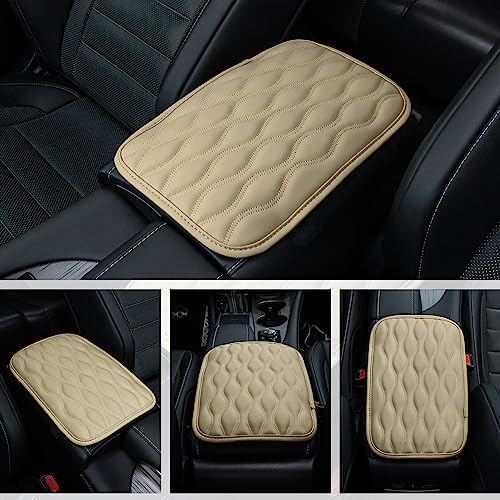 Amiss Auto Center Console Pad, Universal Waterproof Car Armrest Seat Box Cover, Leather Auto Armrest Cover Protector for Most Vehicles, SUV, Truck, Car (Beige)