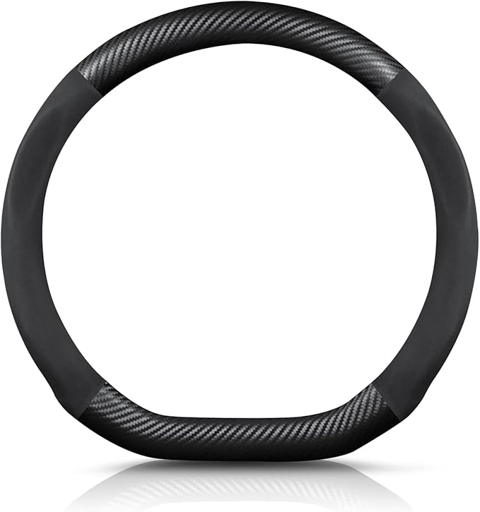 Ergocar D-Shaped Carbon Fiber & Microfiber PU Leather Steering Wheel Cover Anti-Slip Car Steering Wheel Protector Breathable Sweat Absorbent Sport for Diameter 38cm（15"）-Black